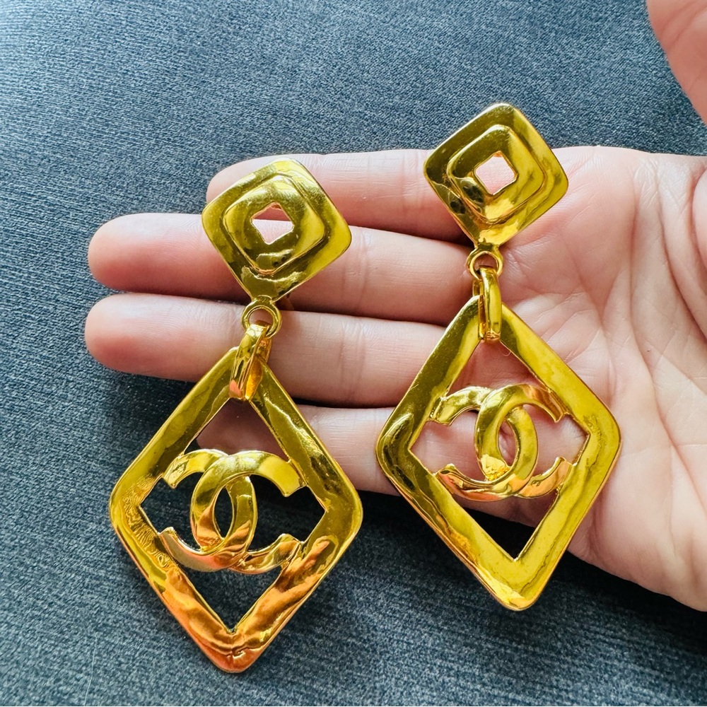 CHANEL 1995 Vintage Runway Statement Earrings CC Couture Coco Mark Gold jewelry